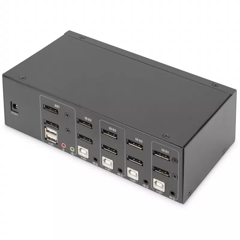 DIGITUS KVM-kytkin, 4 porttia, kaksoisnäyttö, 4K, DisplayPort®