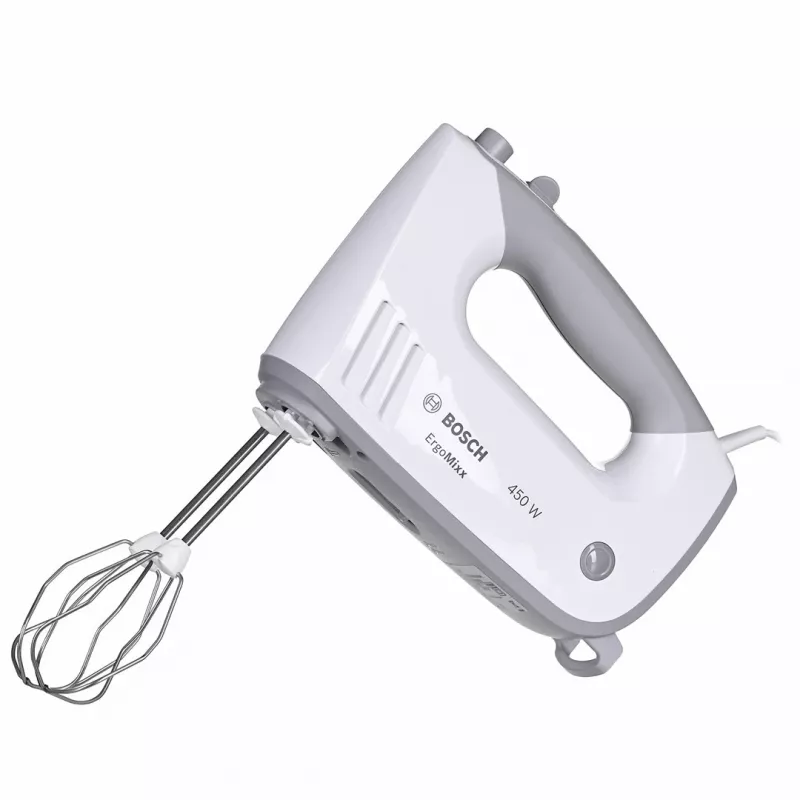 Bosch MFQ36480 -käsivatkain – 450 W, 5 nopeutta turbolla, harmaa/valkoinen, pallovispilä ja taikinakoukut