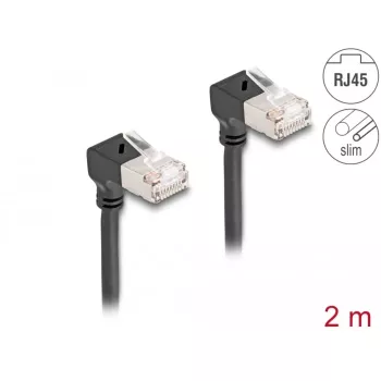 DeLOCK RJ45 verkkokaapeli Cat.6A S/FTP ohut 90° alaspäin 2 m musta
