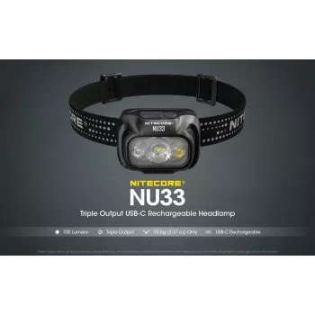 Otsalamppu Nitecore NU33, musta, 3 LEDiä, 700 lm, alumiini, USB-ladattava, IP66