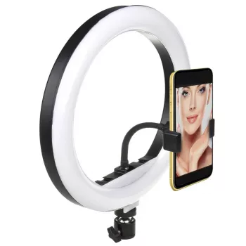 Maclean MCE610 10 12W LED-rengasvalo jalustalla ja Bluetooth-laukaisimella, 3 väriä, 10 kirkkausastetta, 10% -100% säädettävä kirkkaus, 160 LED, älypuhelinteline, valaisin