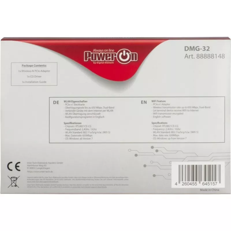 Inter-Tech DMG-32 - sisäinen - langaton - PCI Express - Wi-Fi - 650 Mbit/s - musta - hopea (88888148)