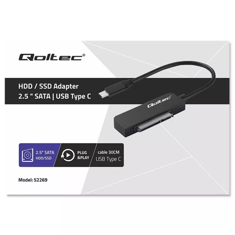 QOLTEC SATA-sovitin 52269 2,5 tuuman asemalle USB-C, tukee jopa 2 TB