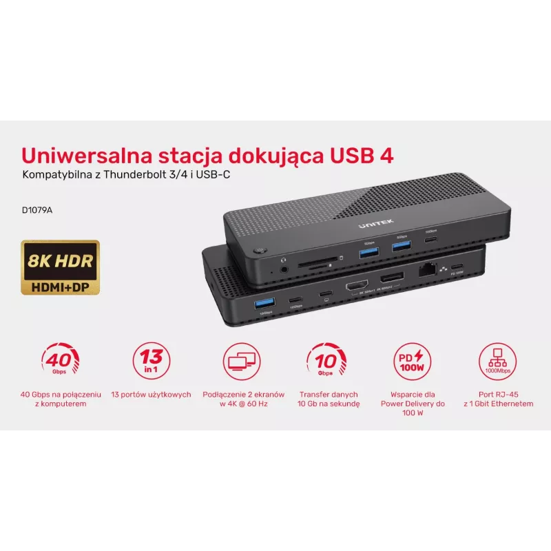 Telakointiasema UNITEK D1079A USB4 johdollinen musta 100W Power Delivery
