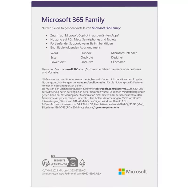 Microsoft 365 Family Box Pack 1 vuosi enintään 6 henkilölle Android iOS Windows MacOS
