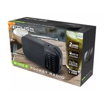 Kannettava radio Muse M-025 R — MW/UKW, musta, paristokäyttöinen, kompakti (32×130×70 mm)