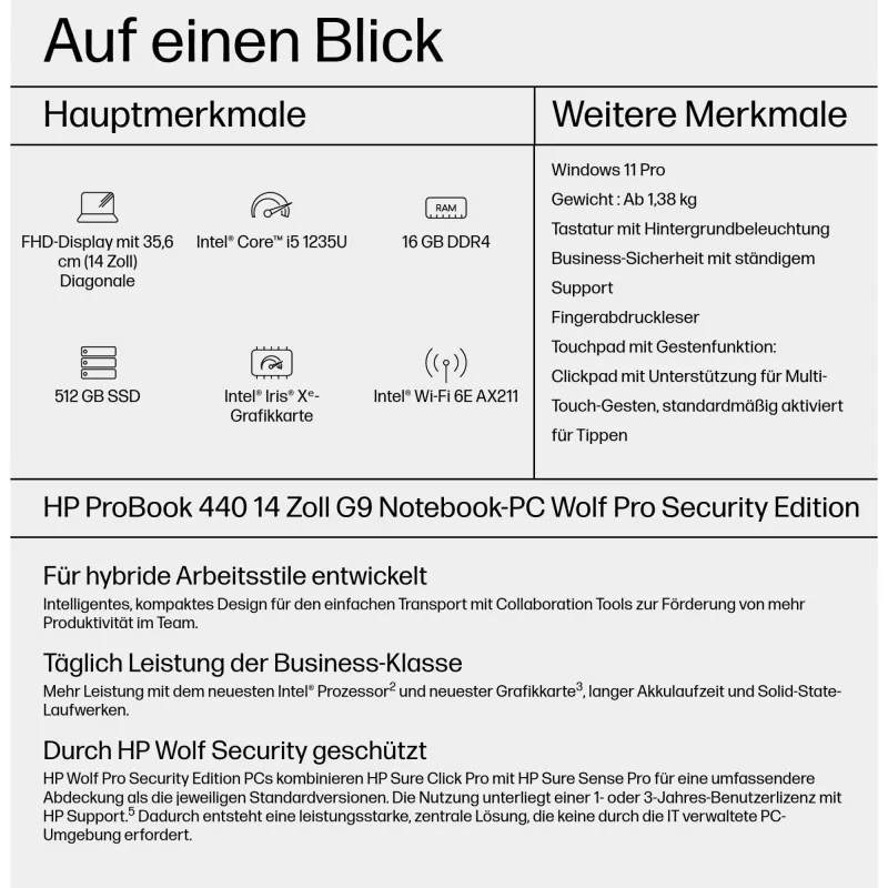 HP ProBook 440 G9 14 tuuman kannettava, Intel Core i5-1235U, 16 GB, 512 GB SSD, Windows 11 Pro