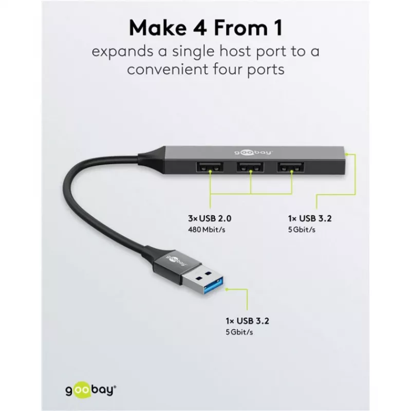Goobay USB-keskitin 74456 Type-A 5000 Mbit/s vaaleanharmaa