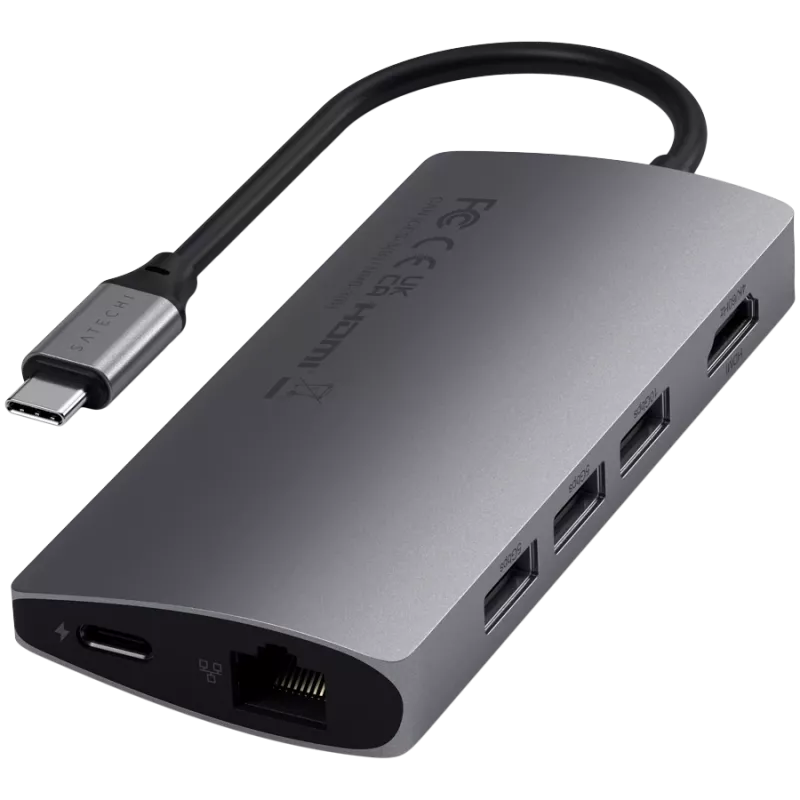Satechi alumiinisovitin V2 USB-C (USB-C, 3x USB-A, 4K HDMI, kortinlukija micro/SD, Ethernet) (Starlight Grey)