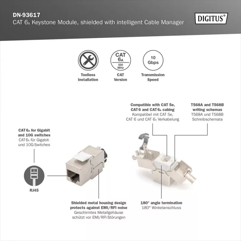 Digitus CAT 6A -keystone-moduuli, suojattu, älykkäällä kaapelinhallinnalla