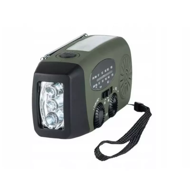 Hätäradio FOSCO 464600 LED-taskulampulla, varavirtalähteellä, FM, IPX3, aurinko-/käsikampi-/USB-C-lataus — vihreä/musta