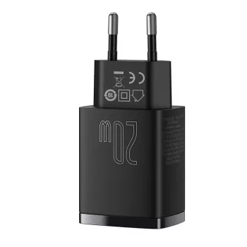 Sisäkäyttöön tarkoitettu USB-pikalaturi Baseus CCXJ-B01 – 2 porttia (USB-C PD 20W + USB-A QC3.0 18W), 100–240 V, musta