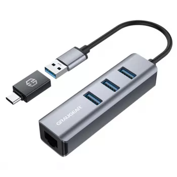GRAUGEAR USB-keskitin G-HUB31L-A — USB 3.2 Gen 1 Type-A-isäntä, 3x USB 3.2 Gen 1 Type-A-portti + RJ-45, 5000 Mbit/s