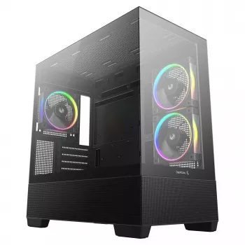 PC Midi Tower DeepCool CG380 3F – musta, 235×437×451 mm, tukee 2x120 mm sivu- + 1x120 mm takatuuletinta, virtalähde alhaalla, 2,5