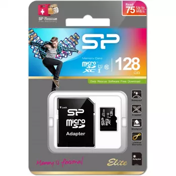 MicroSDXC-muistikortti Silicon Power 128 GB UHS‑I (Class 10, U1), 85 MB/s, musta, SD-sovittimella