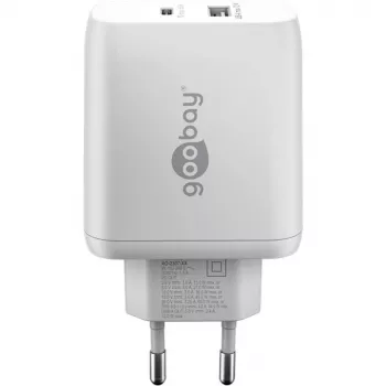 USB-C kaksoispikalaturi, PD, GaN, 65 wattia (valkoinen, 1x USB-C, 1x USB-A, Power Delivery)