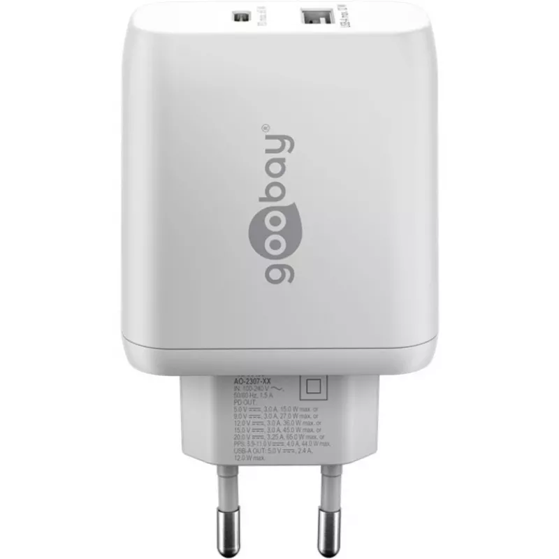 USB-C kaksoispikalaturi, PD, GaN, 65 wattia (valkoinen, 1x USB-C, 1x USB-A, Power Delivery)