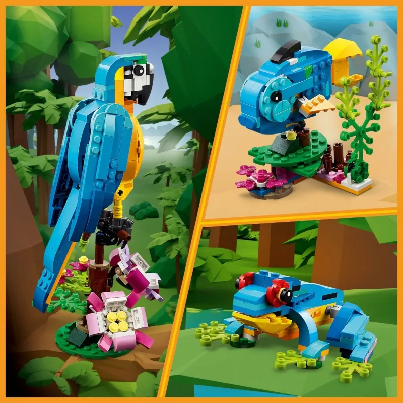 LEGO rakennussarja Exotischer Papagei 31136 — Creator-näyttömalli, 253 osaa, 220×120×110 mm
