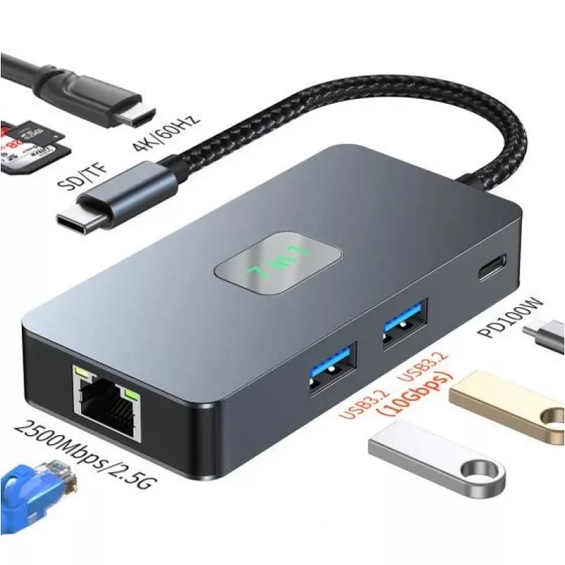 TB-sovitinkeskitin USB-C (7-in-1) HDMI USB SD/TF RJ45 (2500 Mbit/s) PD