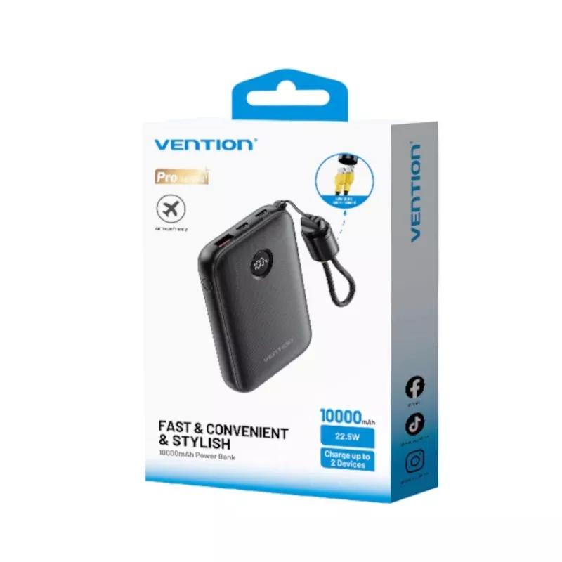 Powerbank Vention FKAB0-C 10000 mAh, 2× USB-C + 1× USB-A, 22,5 W, musta