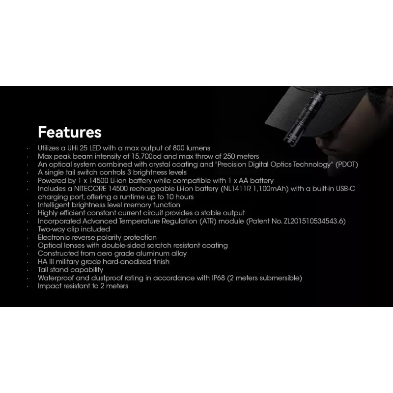 Käsivalaisin Nitecore MT1A Pro — LED 50 lm, USB ladattava, 1100 mAh, alumiini, vedenpitävä, iskunkestävä, musta