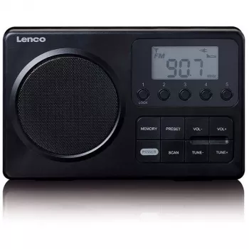 Kannettava radio Lenco MPR-035BK — FM/AM, verkko- ja paristokäyttö, 2,5 tuuman LCD, 20 FM-aseman muisti, 3,5 mm lähtö