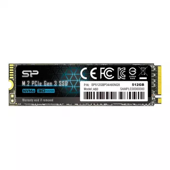 SSD M.2 NVMe Silicon Power P34A60 512 GB — PCIe, luku 2200 MB/s, kirjoitus 1600 MB/s, NVMe 1.3
