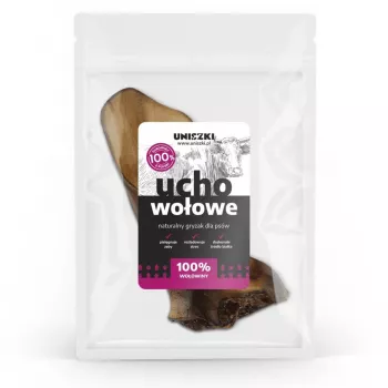 UNISZKI Medium Rinderohr koiran purutuote — yksittäinen luonnollinen purutuote keskikokoisille ja aikuisille koirille, proteiini 75,8 %, kosteus 14,9 %