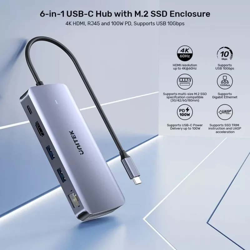 UNITEK aktiivinen USB-C-keskitin 10GBPS, M.2, HDMI, PD 100W