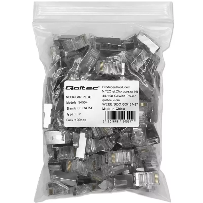 Modulaarinen RJ45-liitin QOLTEC 54554 CAT5e FTP, 100 kpl, hopea, muovi, 11×22×18 mm