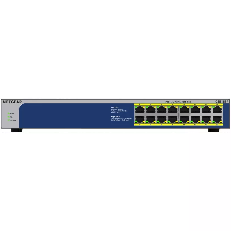 NETGEAR GS516PP hallitsematon Gigabit Ethernet (10/100/1000) Power over Ethernet (PoE) sininen, harmaa