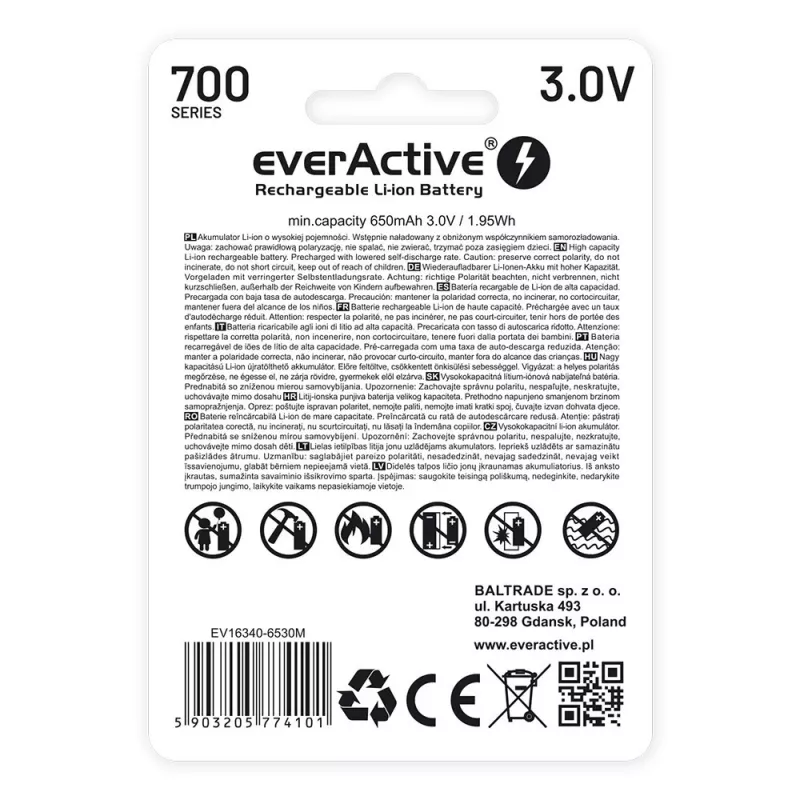 Uudelleenladattava akku everActive EV16340 700mAh 3V micro-USB-lataustoiminnolla