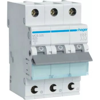Hager MCS325. Nimellisvirta: 25 A, AC-tulotaajuus: 50/60 Hz. Tyyppi: C-laukaisukäyrä, moduulimäärä (max): 3 moduulia. Leveys: 52,5 mm, syvyys: 70 mm, korkeus: 83,4 mm (MCS325)