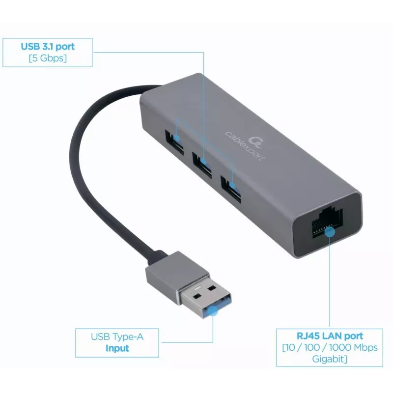 Gembird A-AMU3-LAN-01 USB-A–Gigabit LAN -sovitin 3-porttisella USB 3.0 -keskittimellä, musta