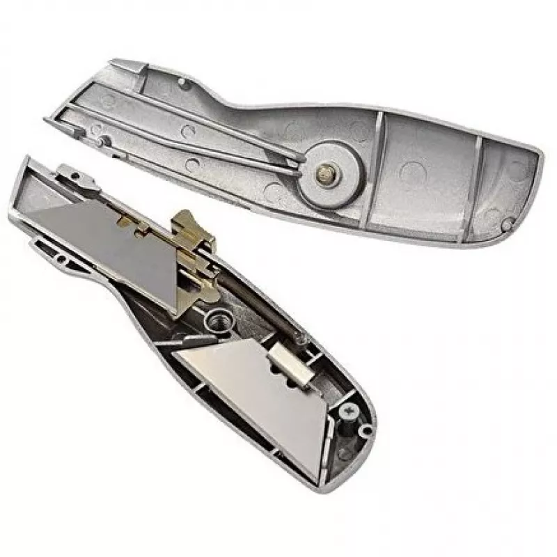 WEDO 78808 Safety-Cutter ALU yleisveitsi, puolisuunnikasterä, jousikuormitteinen, automaattisesti sisään vetäytyvä, 2 varaterää, TÜV/GS, hopea