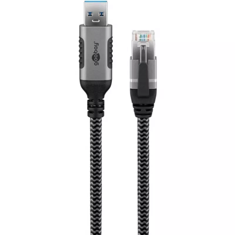 Ethernet-kaapeli USB-A 3.2 Gen1 uros > RJ-45 uros, LAN-sovitin musta/hopea, 5 metriä, punottu tekstiilivaippa