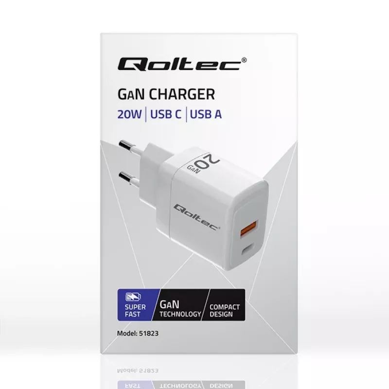 GaN-laturi QOLTEC 51823 20W USB-virtalähde, 5V/20V lähtö