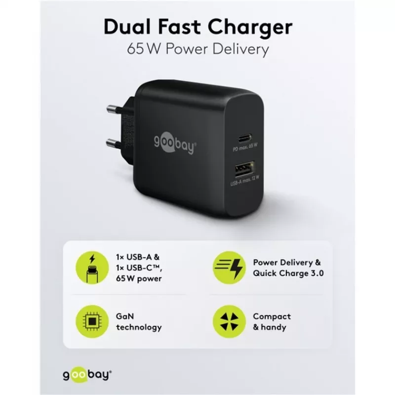 USB-C-pikalaturi, PD, GaN, 65 W (musta, 1x USB-C, 1x USB-A, Power Delivery)