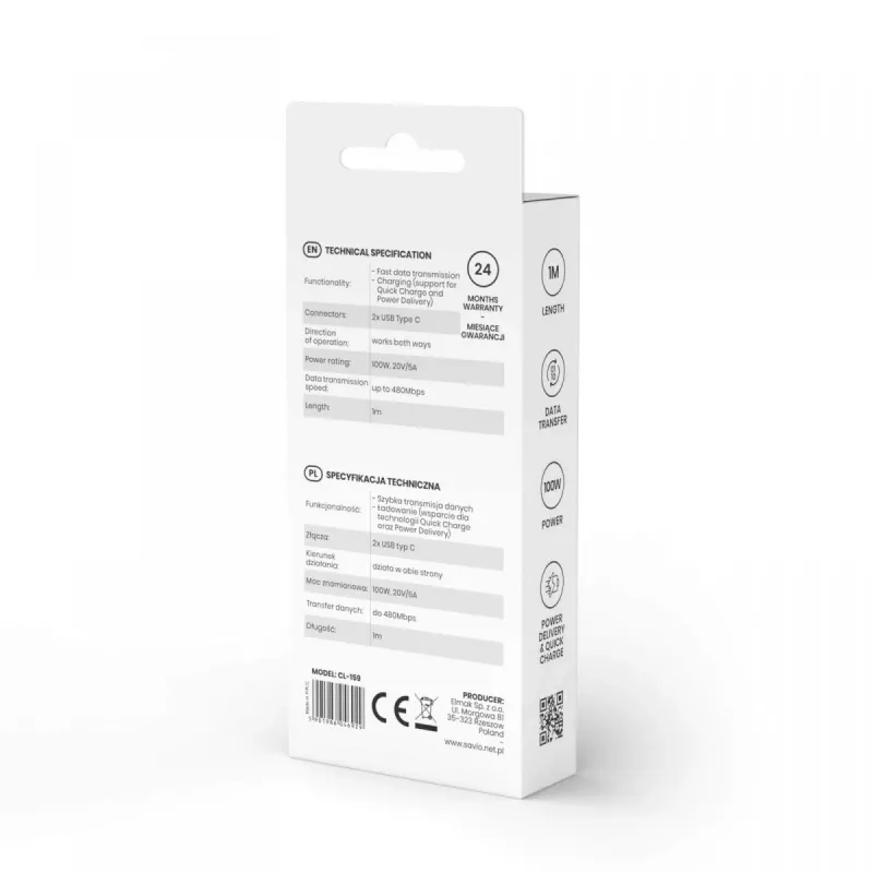 SAVIO CL-159 USB-C-USB-C-kaapeli 1 m, USB 2.0 (480 Mbit/s), musta, 2,1 A