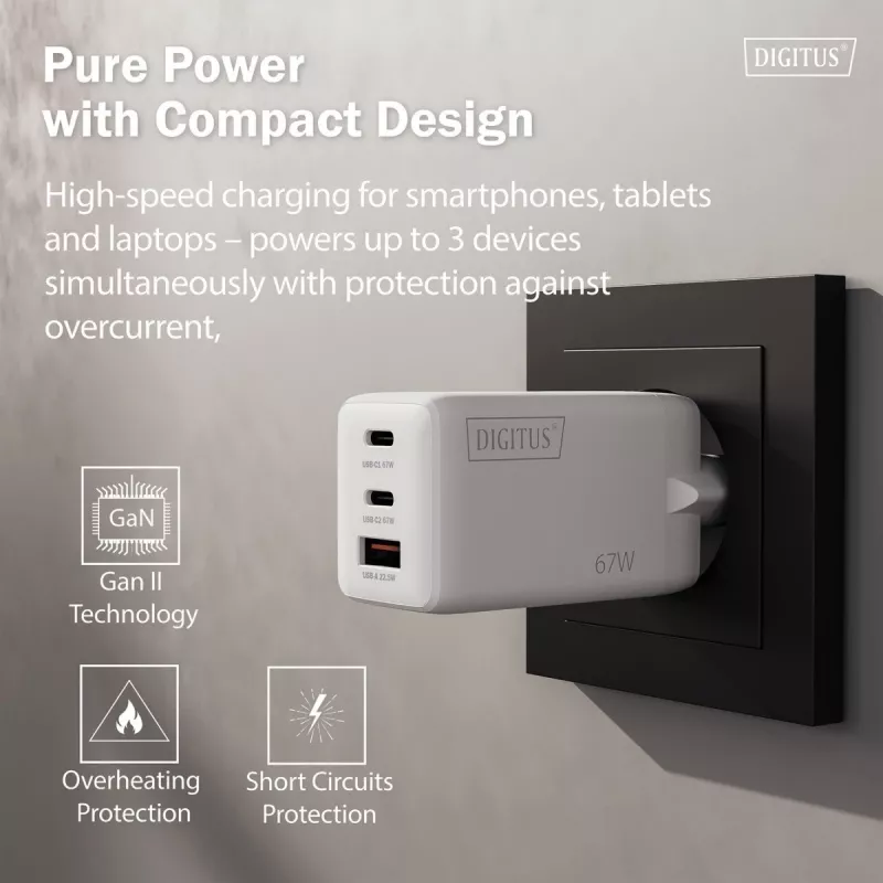 Seinä USB-laturi DIGITUS DA-10303 67W GaN, 2× USB-C + 1× USB-A, 100–240V, valkoinen