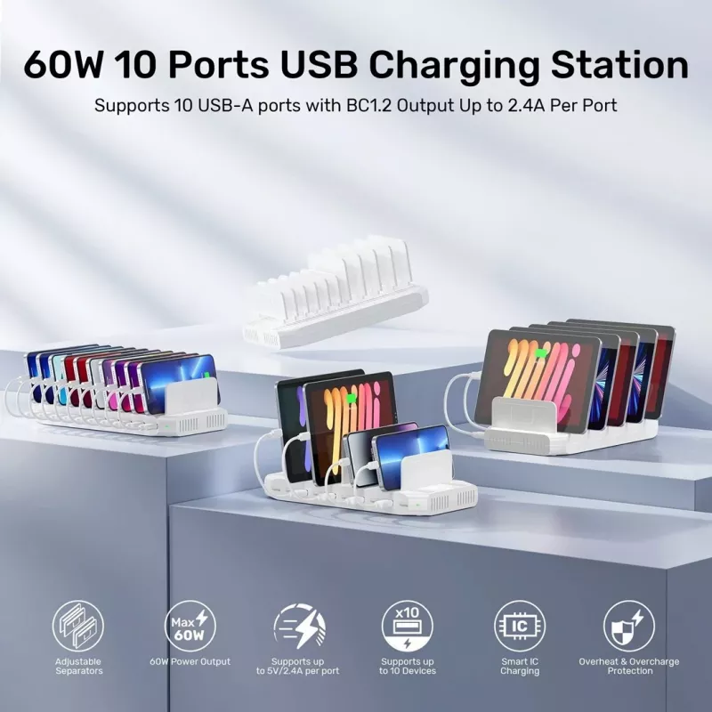 Unitek latausasema 10x USB 2.4A 60W valkoinen