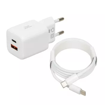 USB-laturi IBOX ILUC42W 42W (max. 33W), 1×USB-C PD3.0, 1×USB-A QC3.0, 100–240V, valkoinen
