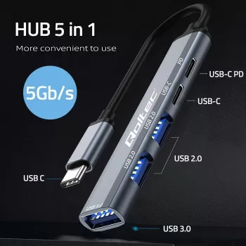 Qoltec 53790 keskitin sovitin USB-C 3.1 5in1 | USB-C PD | USB-C | 2x USB 2.0 | USB 3.0