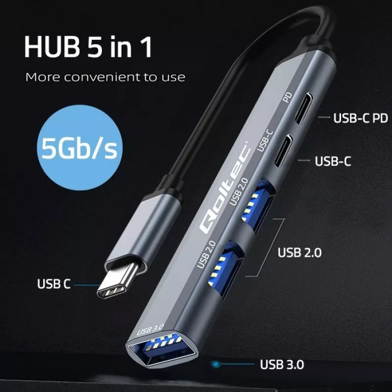 Qoltec 53790 keskitin sovitin USB-C 3.1 5in1 | USB-C PD | USB-C | 2x USB 2.0 | USB 3.0