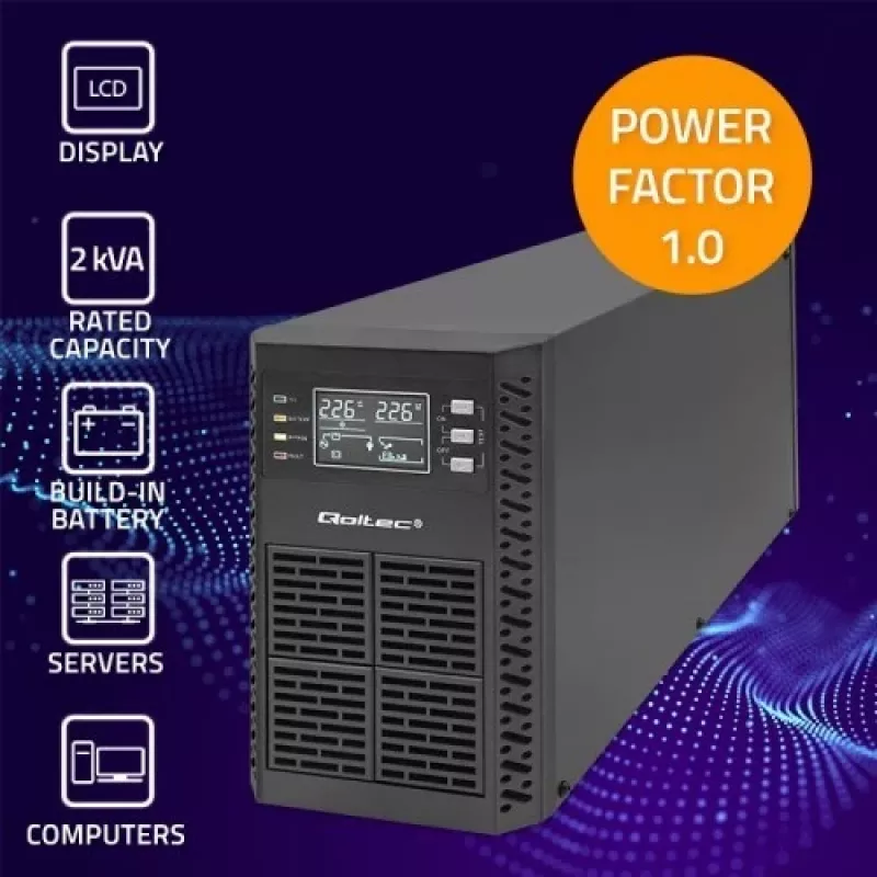 Qoltec 52281 UPS (keskeytymätön virransyöttö) kaksoismuunnos (Online) 2 kVA 2000 W 3 AC-lähtöä