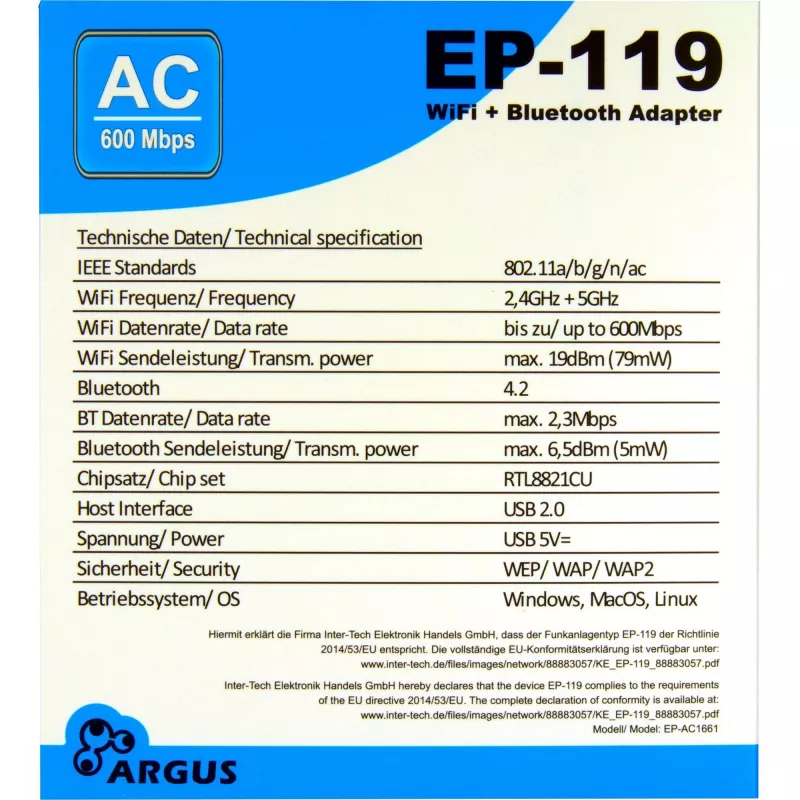 USB-WLAN-/Bluetooth-sovitin INTER-TECH EP-119, Wi-Fi 5 (802.11ac) dualband 600 Mbit/s