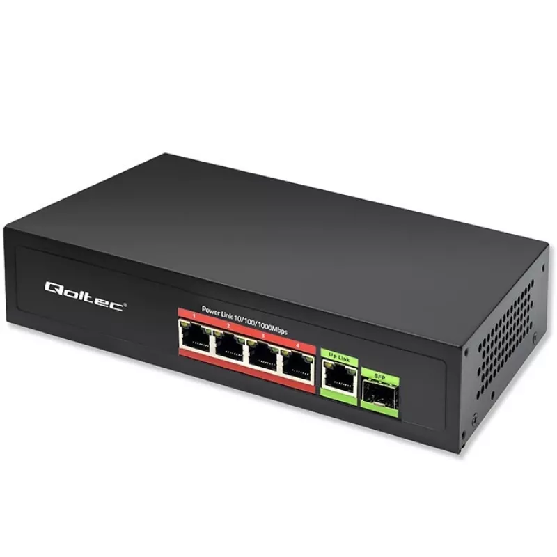 Ethernet PoE -kytkin QOLTEC 52296 — 4x RJ45 PoE-porttia, 1x RJ45 uplink