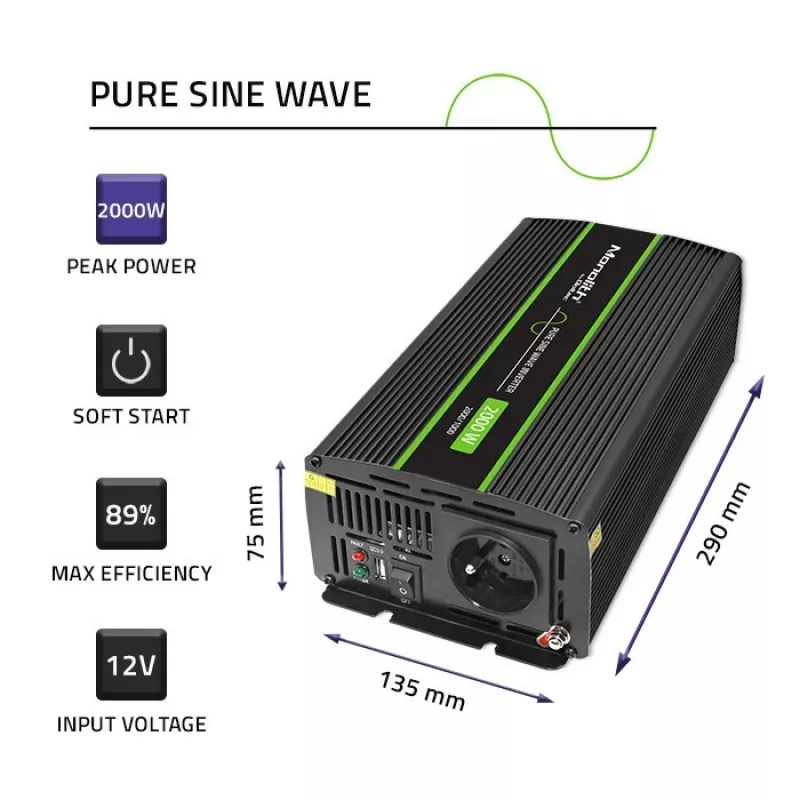 Qoltec Monolith 51934 autoinvertteri, 2000 W, musta