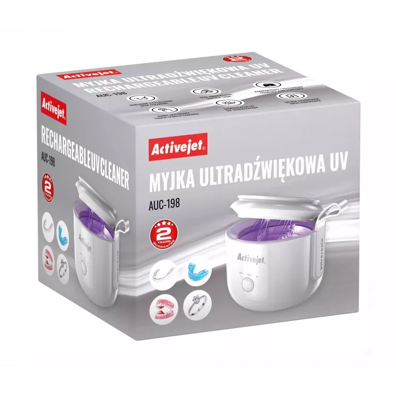 Ultraäänipuhdistin ActiveJet AUC-198 — USB-ladattava, UV, 7,4 V, 106×107×89 mm