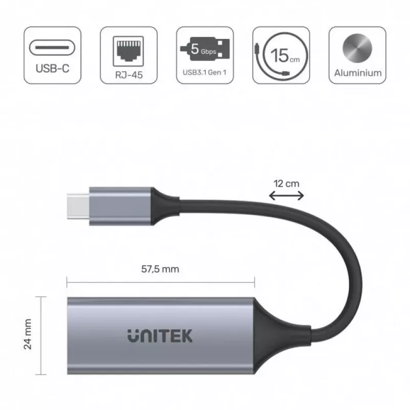 Verkkokortti Unitek U1312A, IEEE 802.3, harmaa, 0,5 m kaapeli